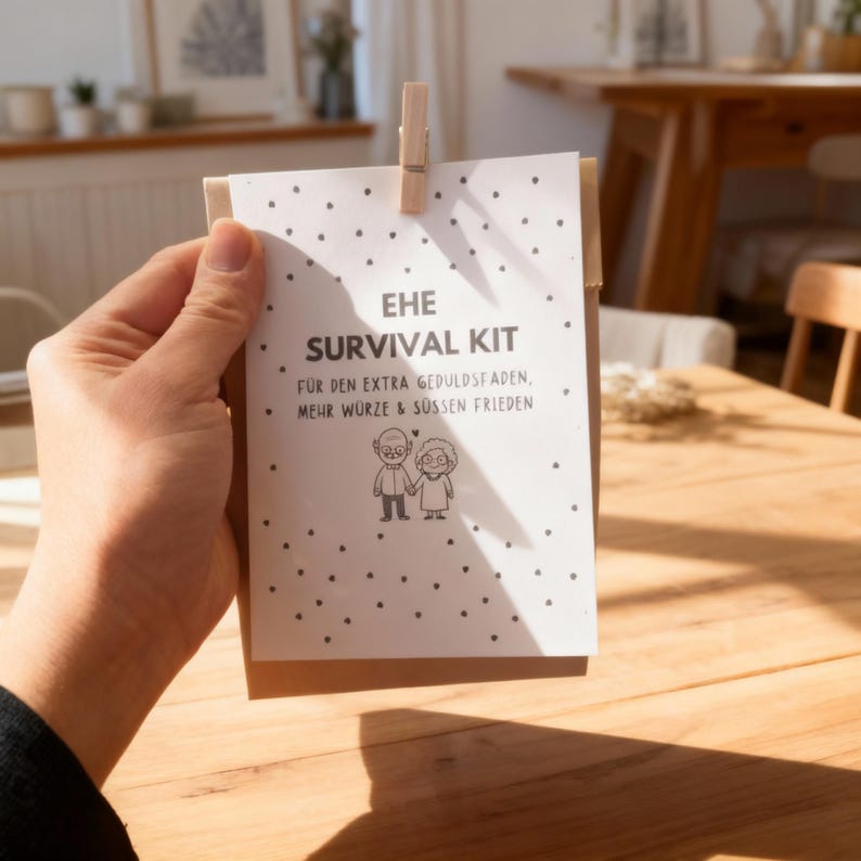 May include: A white card with the text "EHE SURVIVAL KIT" and German text below, held by a wooden clip. The card features a black and white illustration of an elderly couple holding hands. Small black dots are scattered across the card.