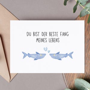 Karte "Du bist der beste Fang meines Lebens" – mit Haien – Valentinstag & Jahrestag – Inkl. Umschlag – Postkarte oder Klappkarte