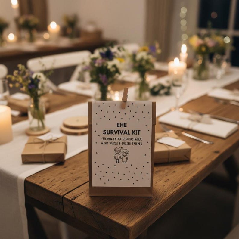 May include: A brown paper bag with a white card attached, reading "EHE SURVIVAL KIT" with text below. The bag is on a wooden table with other gifts and floral arrangements. The scene is lit by candles.