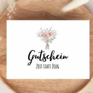 Gutschein Zeit statt Zeug, Geschenk Geburtstag, Gutschein schenken, Zeit schenken, A6 Karte mit Umschlag, Blumen-Motiv, aquarell