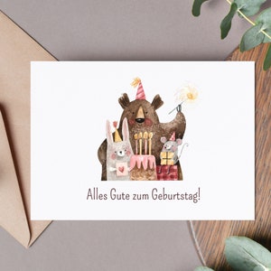Geburtstagskarte, lustig mit aquarell Tieren, DIN A6 Format mit Umschlag, Geburtstagsgeschenk Bär, Hase, Maus, schlicht