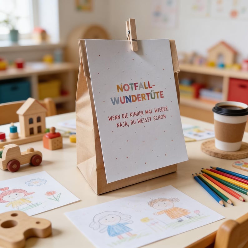 K&ouml;nnte beinhalten: Eine braune Papiert&uuml;te mit einer wei&szlig;en Karte, die mit einer Holzklammer befestigt ist. Die Karte tr&auml;gt den Text "NOTFALL-WUNDERTIUTE" in bunten Buchstaben. Darunter steht weiterer Text auf Deutsch. Kinderzeichnungen und Holzspielzeug liegen auf dem Tisch.