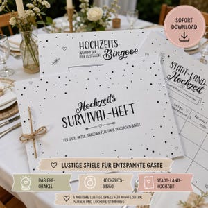 Op de afbeelding: Een verzameling witte trouwactiviteitenboeken met zwarte tekst en stippen. De boeken bevatten titels als "Hochzeits-Survival-Heft" en "Stadt-Land-Hochzeit". Eén boek is vastgebonden met touw. De afbeelding bevat ook een "Download"-knop.