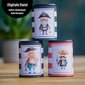 May include: Three black and red striped cans with illustrations of pirates. Each pirate has a different facial expression and is wearing a black and white striped shirt, a black hat, and a white beard. The text "Digitale Datei" is at the top of the image.