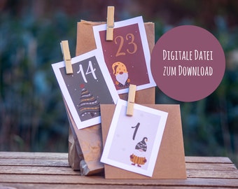 DIY Adventskalender Zahlen zum ausdrucken, Digitale Datei Download, Advent Adventszeit Weihnachtszeit Weihnachtskalender