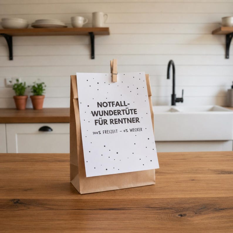 May include: A brown paper bag with a white card clipped to the front. The card has the text "NOTFALL-WUNDER&Uuml;TE F&Uuml;R RENTNER" and "100% FREIZEIT - 0% WECKER" printed on it. The bag is on a wooden surface.