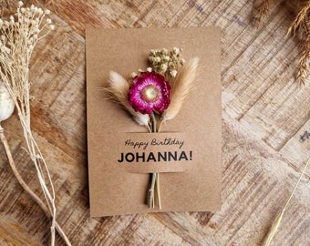 Karte Happy Birthday Trockenblumen, zum Geburtstag, Boho, beige, Kraftpapier Karte, personalisiert mit Naen