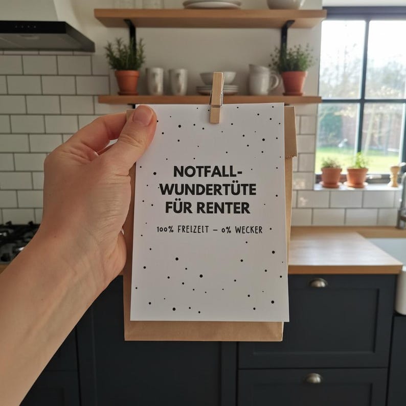 May include: A white card with black text and scattered black dots is held by a wooden clothespin. The card reads "NOTFALL-WUNDER-T&Uuml;TE F&Uuml;R RENTER" and "100% FREIZEIT - 0% WECKER". The card is in a brown paper bag.