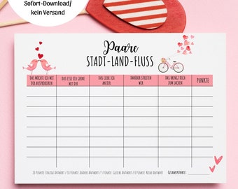 Stadt Land Fluss für Paare, digitale Datei zum Ausdrucken, Valentinstag Spiel, Geschenk, Spiele für Datenight, Date, Last Minute