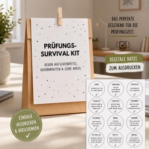 May include: A brown paper bag with a white card clipped to it, labelled "PRÜFUNGS-SURVIVAL KIT". The kit includes items to combat procrastination, brain knots, and low energy. Additional stickers are included. The text "DIGITALE DATEI ZUM AUSDRUCKEN" is also visible.