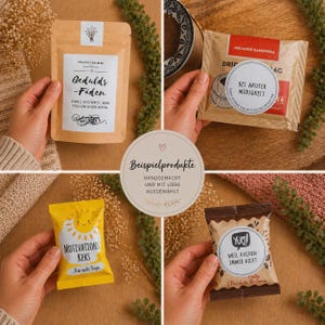 May include: A collage of four food product packages. The packages include a brown bag with text, a coffee drip bag, a yellow package with a sun graphic, and a chocolate brownie package. The text "Beispielprodukte" is in the center.
