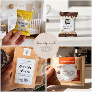 May include: A collage of four packaged food items. The top left shows a yellow package with a sun graphic and the text "MOTIVATIONS KEKS". The top right shows a brown package with the text "YUM!" and "WEIL KUCHEN IMMER HILFT". The bottom left shows a brown package with the text "Gedulds-F&auml;den". The bottom right shows a brown package with the text "MELANGE HANOVERA".