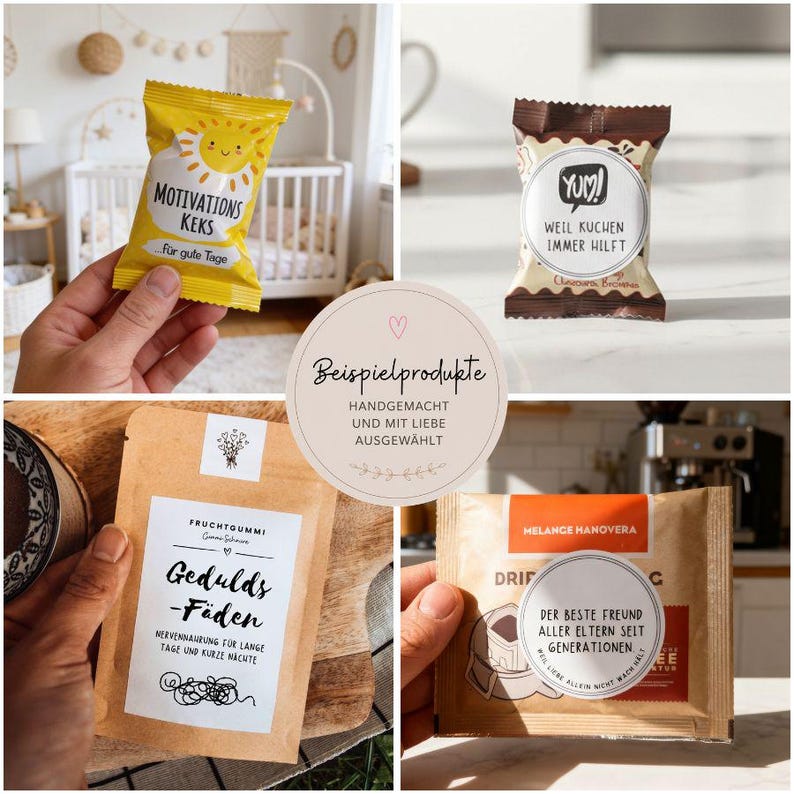 May include: A collage of four packaged food items. The top left shows a yellow package with a sun graphic and the text "MOTIVATIONS KEKS". The top right shows a brown package with the text "YUM!" and "WEIL KUCHEN IMMER HILFT". The bottom left shows a brown package with the text "Gedulds-F&auml;den". The bottom right shows a brown package with the text "MELANGE HANOVERA".