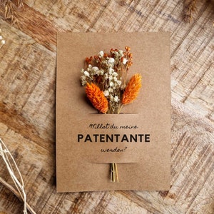 Karte Patentante, Trockenblumen, Patentante fragen, Kraftpapier boho haltbare Blumen