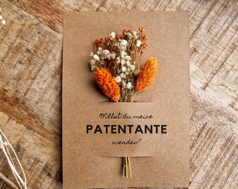 Karte Patentante, Trockenblumen, Patentante fragen, Kraftpapier boho haltbare Blumen