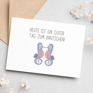 Karte "Heute ist ein guter Tag zum Knutschen!" – Mit zwei Kuss-Seepferdchen – Perfekt für Paare, Valentinstag & Jahrestag – DIN A6