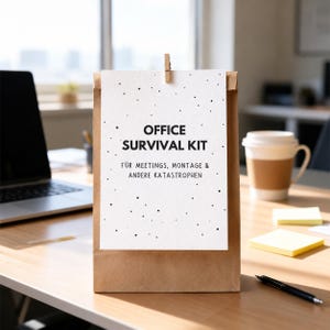 Könnte beinhalten: Eine braune Papiertüte mit einer weißen Karte, die daran befestigt ist. Auf der Karte steht "OFFICE SURVIVAL KIT" mit zusätzlichem Text auf Deutsch. Ein Laptop, eine Kaffeetasse, Haftnotizen und ein Stift liegen auf dem Holztisch.