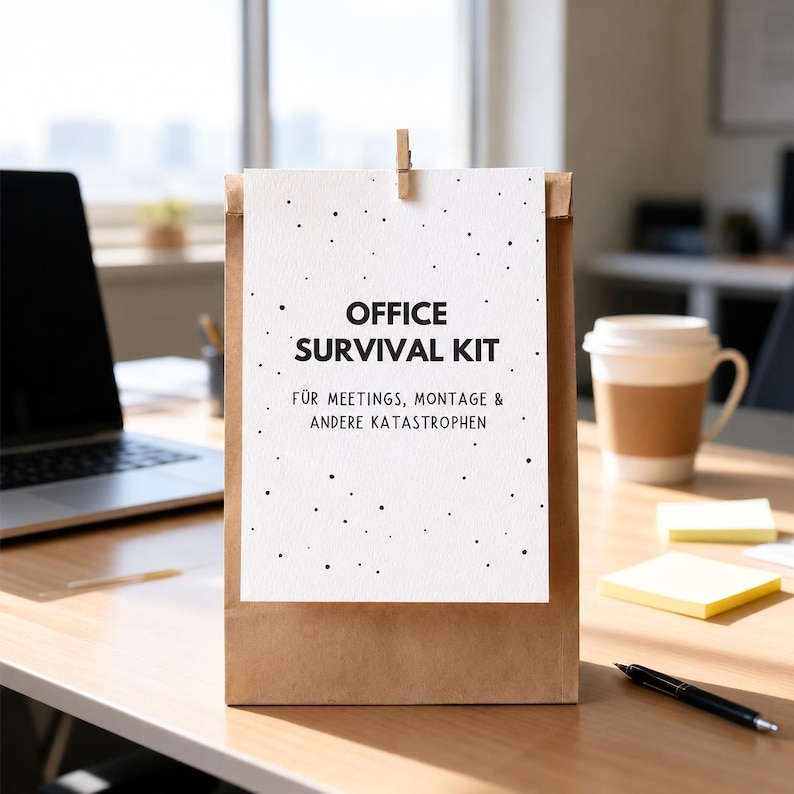May include: A brown paper bag with a white card clipped to it. The card reads "OFFICE SURVIVAL KIT" with additional text in German. A laptop, coffee cup, sticky notes, and pen are on the wooden desk.