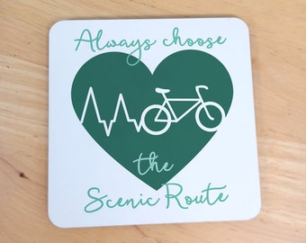 Bicycle Wooden Coaster - Scenic Route & Heart - Cyclist Father's Day gift for him/ Birthday present for Outdoor Enthusiast Square Drinks Mat