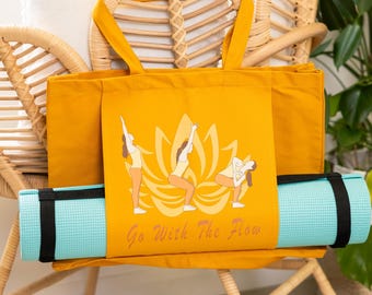 Lotus Yoga Mat Bag | Women's Organic Cotton Shoulder Tote for essentials with Front Pouch Pocket for Mat