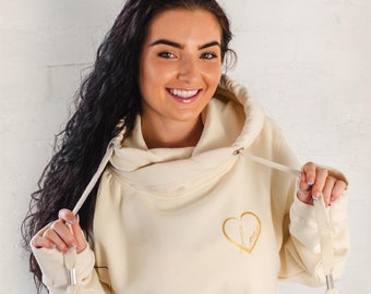 Ladies Cowl Neck Hoodie with Metallic Love Heart design. Super comfy oversized fit, cross neck design and thumb loops for extra cosiness