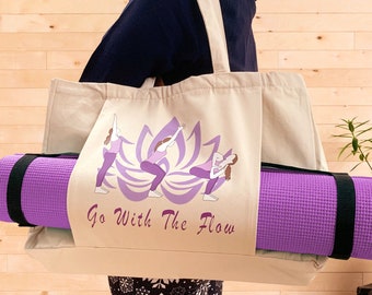 Lotus Yoga Mat Bag | Organic Cotton Shoulder Bag Tote With Front Pouch Pocket for Mat