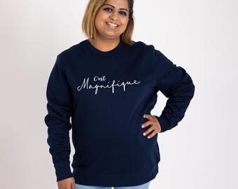 Navy Blue Women's Sweatshirt with french slogan design | Organic Cotton Blend Trendy Crew Neck Jumper