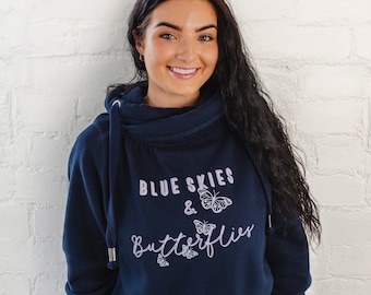 Womens Navy Cowl Neck Hoodie | Unisex Oversized fit. Butterflies design slogan sweatshirt with hood, cross neck and thumb loops to sleeves.