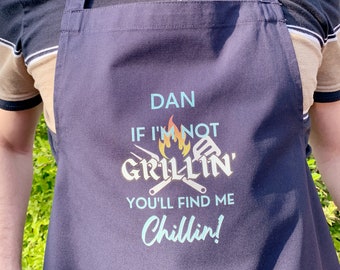 Personalized BBQ Apron: "Grillin' or Chillin'" Cotton Twill Chef Gift