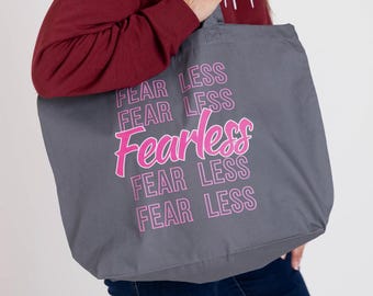 Large Cotton Maxi Tote - Fearless slogan grey tote bag - Large Grey & Pink Premium Shopper Bag with shoulder straps