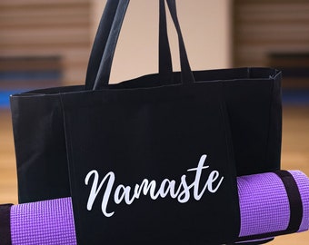 Namaste Yoga Mat Bag | Organic Cotton Large Shoulder Bag Tote with front pouch pocket for mat