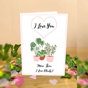 Te amo más que a las plantas: linda tarjeta de San Valentín A5 para él o ella. Aniversario, aniversario de citas