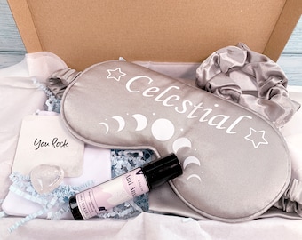 Essential Oils & Healing Crystal Gift Set | "Celestial" sleep mask set relaxing Aromatherapy and Clear Quartz gemstone heart | Wellness Gift