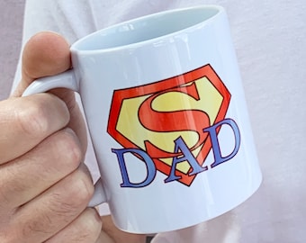 PERSONALISED Super DAD Mug - Father's Day gift for him. White Ceramic Mug, Superhero design. Perfect for Birthday presents or Father's Day