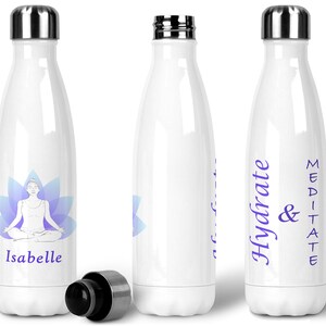Personalised Lotus Flower Meditation Water Bottle &quot;Hydrate and Meditate&quot; Slogan Premium Reuseable Eco Metal Water Bottle. Yoga gift for her.