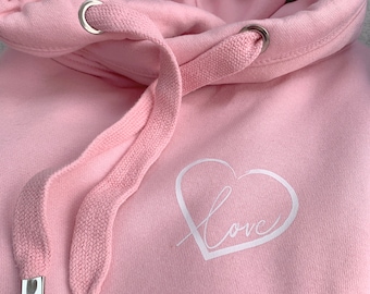Womens Cowl Neck Hoodie with Heart design. Super comfy oversized fit cross neck hoodie, cute love heart and thumb holes for extra cosiness