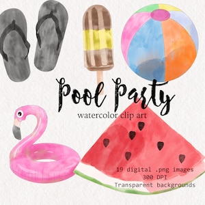 Pool Party, Summer Watercolor Clipart | 19 PNG watercolor files | Swimming Pool Clipart | Beach Clipart