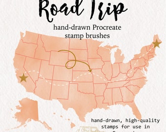 271 Procreate Brush Stamps Road Trip, United States | brush set for Procreate with USA Stamps including all 50 watercolor states