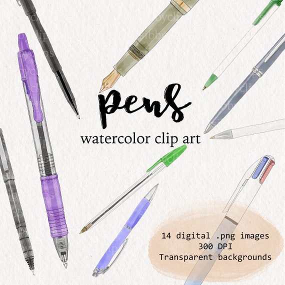 Pen Clip Art, Watercolor Pen Illustrations, Handmade Graphics 