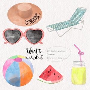 Pool Party, Summer Watercolor Clipart | 19 PNG watercolor files | Swimming Pool Clipart | Beach Clipart