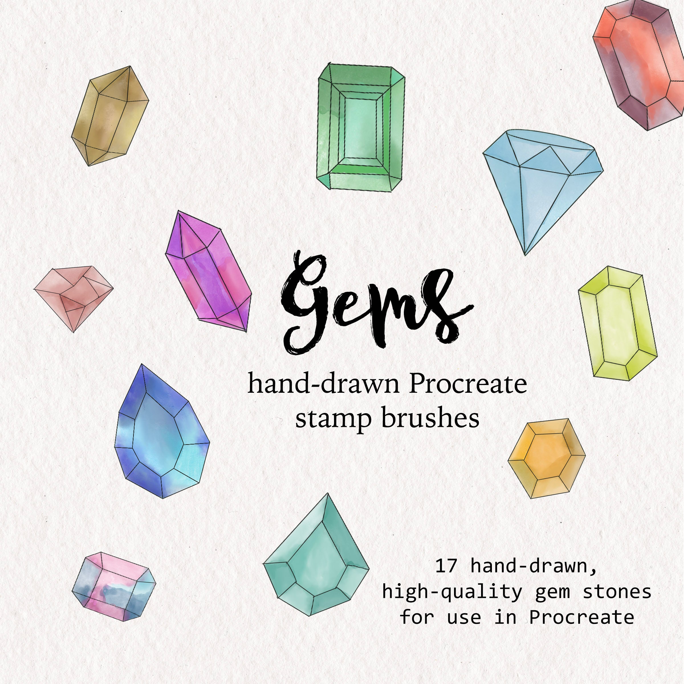 Sellos de pinceles Gem para Procreate | 17 pinceles de cristal y piedras preciosas dibujados a mano