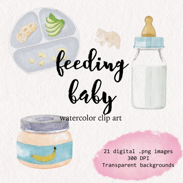 Feeding Baby Watercolor Clipart | 21 high-quality  .PNG | baby watercolor bottles, vintage high chair, baby bib, baby food, animal crackers