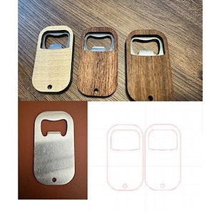 Könnte beinhalten: Drei Flaschenöffner aus Holz in verschiedenen Holztönen, mit einem Flaschenöffner aus Metall in der linken unteren Ecke. Die Flaschenöffner aus Holz haben ein schlichtes Design mit einem Ausschnitt zum Öffnen von Flaschen. Der Flaschenöffner aus Metall hat ein ähnliches Design.