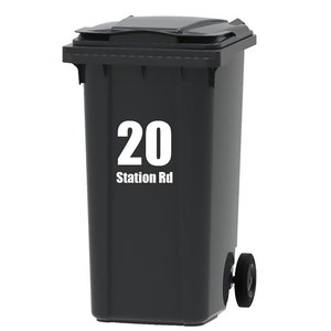 x4 White 7 inch Wheelie Bin Stickers Peel & Stick with Road / House Name optional