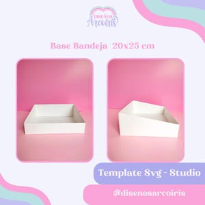 Puede incluir: Dos bandejas rectangulares blancas, una plana y otra en ángulo, se muestran sobre un fondo rosa. El texto "Base Bandeja 20x25 cm" está encima de las bandejas. Debajo, el texto dice "Template Svg - Studio" y "@disenosarcoiris".