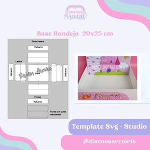 Puede incluir: Una plantilla imprimible para una base de bandeja de 20x25 cm con un diseño de castillo. La plantilla incluye instrucciones para cortar y ensamblar la bandeja. La bandeja está decorada con un castillo rosa, hierba verde y una nube blanca con corazones rosas. El texto "Dannysbeth" está escrito en la parte delantera de la bandeja.