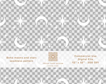 Patrón transparente sin costuras con lunas y estrellas bohemias. Licencia de uso comercial estándar.