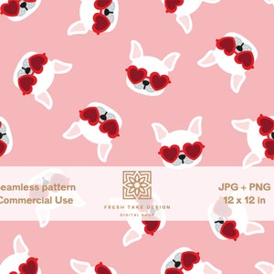 Cute seamless pattern with dogs wearing heart shaped sunglasses with Standard Commercial Use License