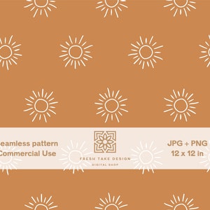 May include: A seamless pattern featuring a repeating design of white sun icons on a brown background. The text "Seamless pattern Commercial Use" and "JPG + PNG 12 x 12 in" is displayed on a white banner.