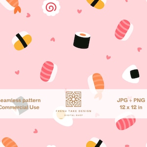 Puede incluir: Un patrón sin costuras con ilustraciones de sushi, incluyendo nigiris, makis y onigiris, sobre un fondo rosa claro con pequeños corazones rosas. El diseño incluye el texto "Seamless pattern Commercial Use" y "JPG + PNG 30,48 x 30,48 cm".